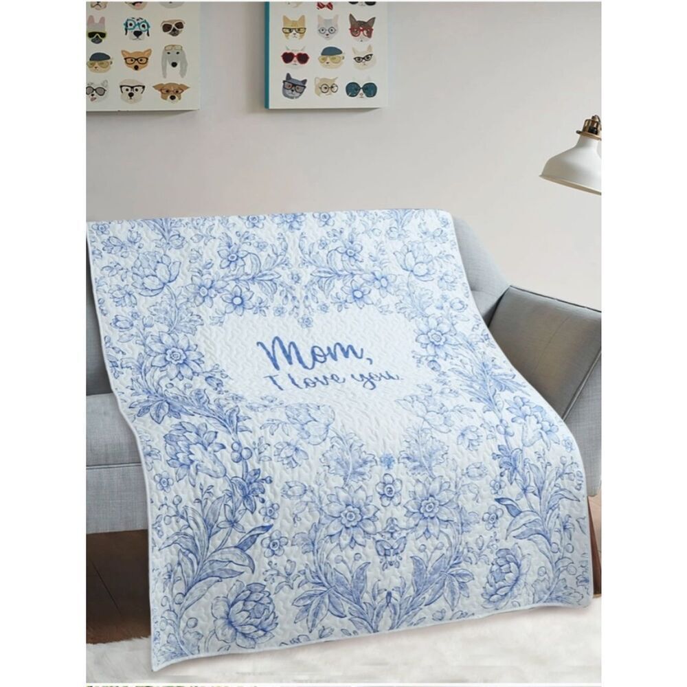 Mother's Day Quilted Throw Blanket Blue White Printed Lap Cover